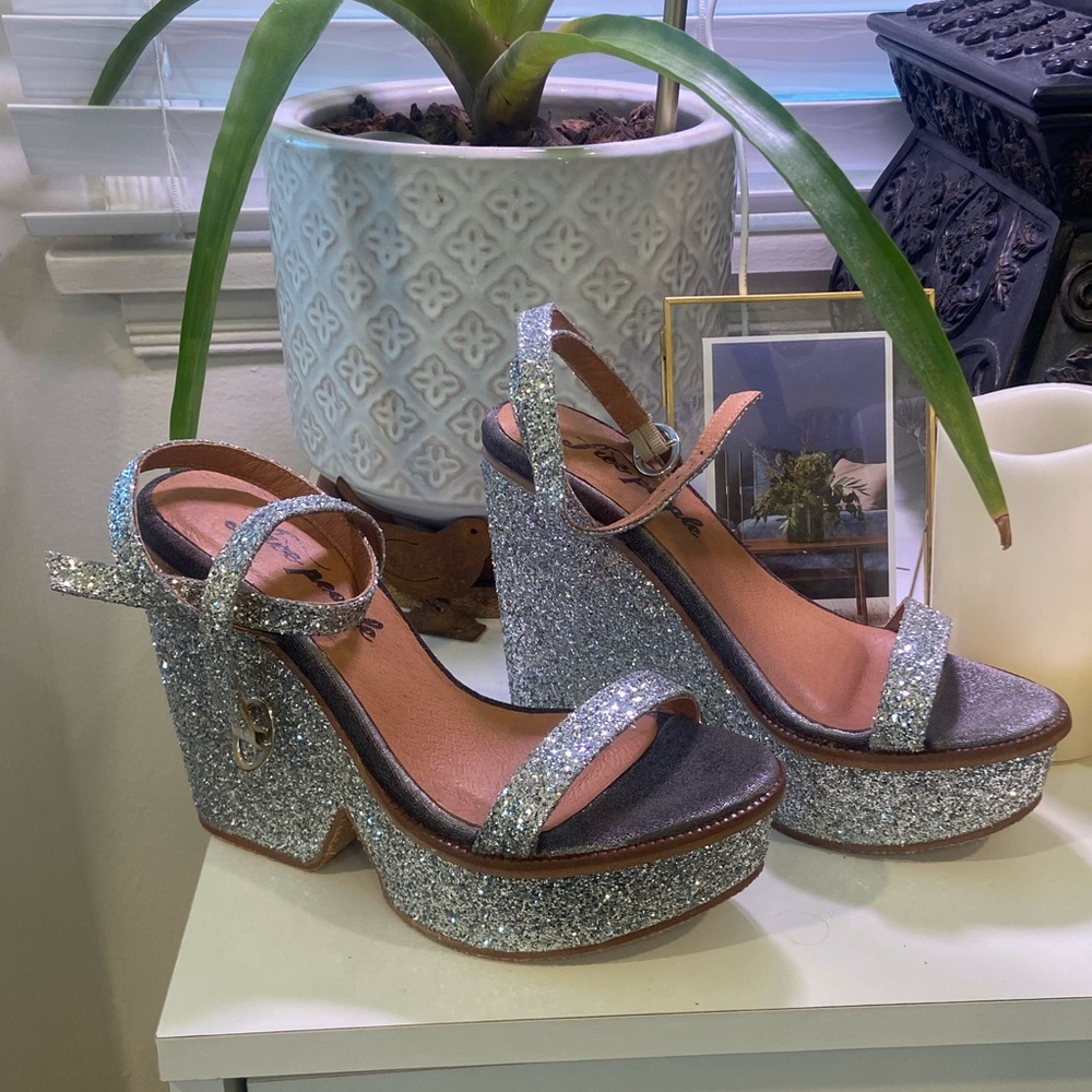 Silver Glitter Platform Wedge Sandals